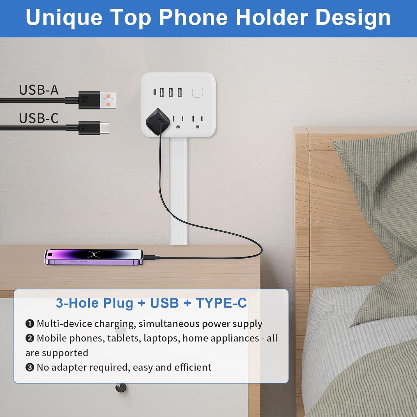 Electrical Outlet Extender Stick, 18"-28" Extendable Power Strip with 180° Rotating Plug, 2 USB-A, 1 USB-C, 3 AC Outlets, Wall Plug Extender for behind Couch, Sofa, Nightstand