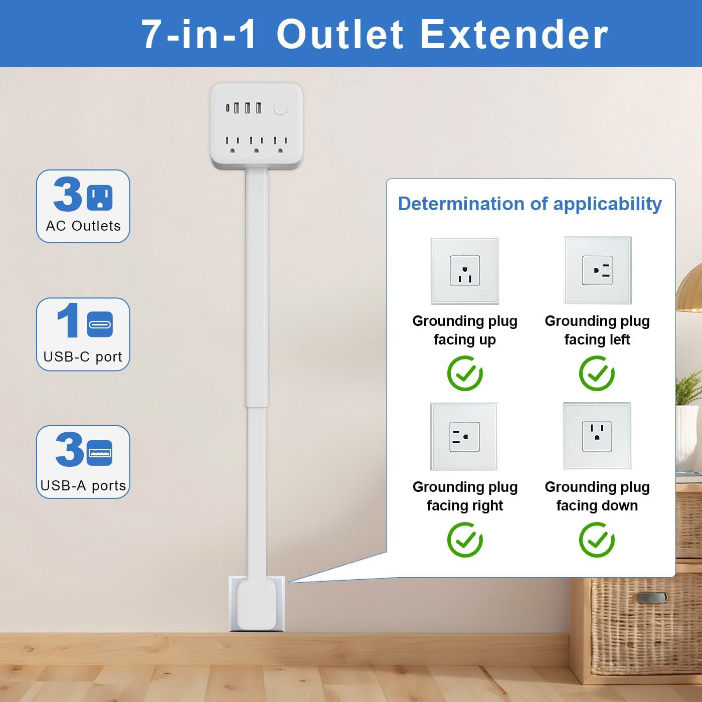 Electrical Outlet Extender Stick, 18"-28" Extendable Power Strip with 180° Rotating Plug, 2 USB-A, 1 USB-C, 3 AC Outlets, Wall Plug Extender for behind Couch, Sofa, Nightstand